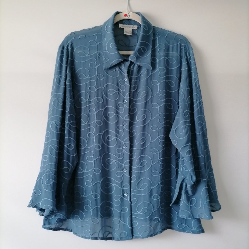Moonlight Bay Womens Blue Bell Sleeve Collared Embroidered  Blouse Top Size XL